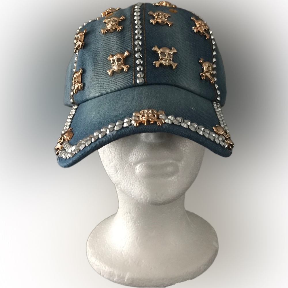 Embellished Denim Cap with Skull Accents / Western Denim Hat